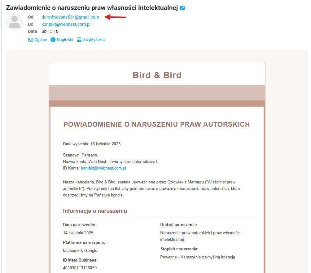obraz Uwaga na fałszywe maile podszywające się pod Facebooka lub kancelarie prawnicze (np. Bird & Bird)!